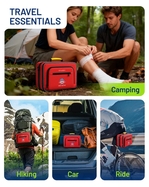 KAUGIC red outdoor first aid kit with handle for travel, camping, car and hiking.