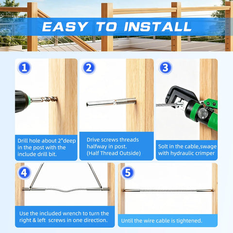 Installation steps for 80 Pack T316 Stainless Steel Left And Right Handed Swage Lag Screws For Wood Posts DIY Baluster Hardware Kit