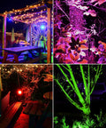 Solar Outdoor Lights With 9 Modes Color Changing 18 LED Spotlight illuminating garden and patio with vibrant colors