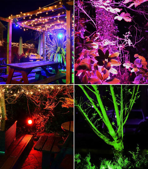 Solar Outdoor Lights With 9 Modes Color Changing 18 LED Spotlight illuminating garden and patio with vibrant colors