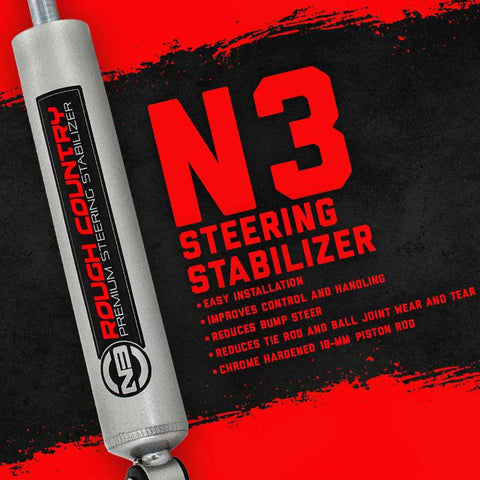 Metallic Silver Rough Country N3 Steering Stabilizer for Lifted Chevy Silverado and GMC Sierra 1500 1999 to 2006 with 4 to 6 Inch Lift