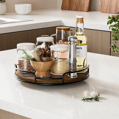 9 Inch Wooden Lazy Susan Organizer With 360 Degree Rotation for spices and kitchen staples on a countertop.