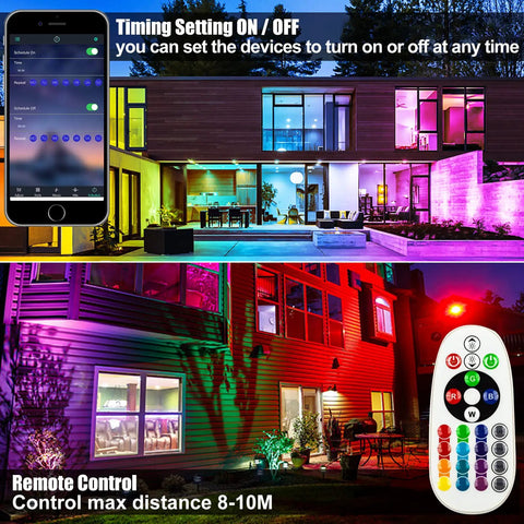 2 Pack 50W RGB Wall Washer Lights for Staging and Ambience illuminate building exteriors in vibrant colors with remote control.