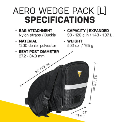 Aero Wedge Pack With Strap Mount For Bike Seat Post, large black storage bag shown with dimensions and material details.
