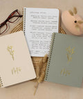 Stylish Aesthetic Spiral Notebook Set Of 3 For Women with cream and gray covers, lined pages, and floral design on textured mat