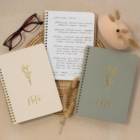 Stylish Aesthetic Spiral Notebook Set Of 3 For Women with cream and gray covers, lined pages, and floral design on textured mat