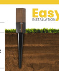Heavy Duty 24 Inch Fence Post Ground Spike Anchor 4x4 Metal Black Powder Coated For Easy Install with ground view and dimensions