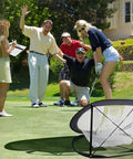 Golf Chipping Net for Backyard Practice With Foldable Pop Up Frame on lush green grass near excited golfers