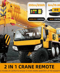 2 In 1 Crane Remote With 656 Ft Wireless Range For Industrial Crane Control Up Down Switch Hoist Truck And Dump Trailer Remote Controller 12V Wireless Crane Remote For Safe Efficient Operation displayed with a yellow crane truck and control options
