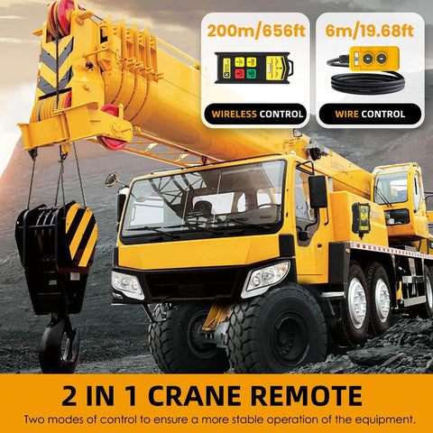 2 In 1 Crane Remote With 656 Ft Wireless Range For Industrial Crane Control Up Down Switch Hoist Truck And Dump Trailer Remote Controller 12V Wireless Crane Remote For Safe Efficient Operation displayed with a yellow crane truck and control options