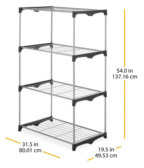 Four Tier Closet Tower Organizer Freestanding Storage Unit For Clothes And Shoes with metal frame and four shelves.