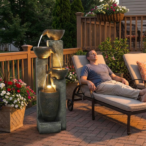 Outdoor 40 Inch Water Fountain with LED lights, 4 tier crocks waterfall decor on patio; weather-resistant polyresin design with man relaxing nearby.