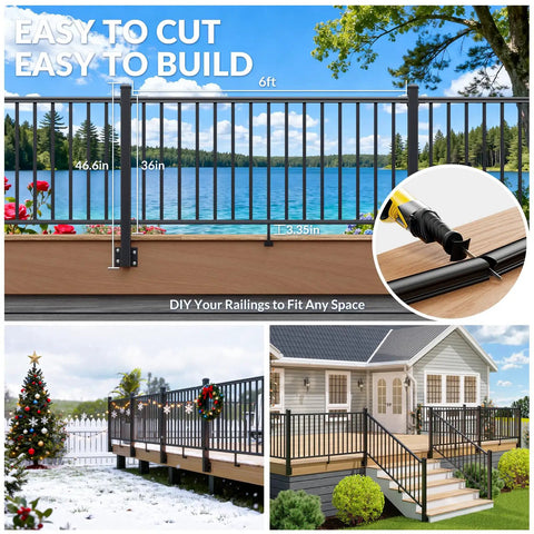 Built Tough Aluminum Deck Railing Kit 2 Pack 36 Inch High By 6 Feet Wide Modular Side Mount Post setup on a deck with scenic view.