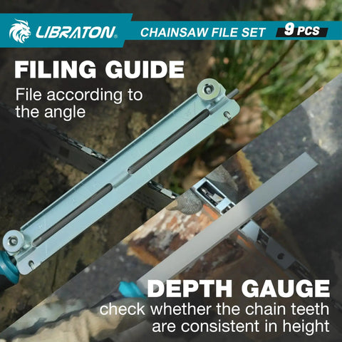 Boss Chainsaw File Set With Multiple Files In Five Thirty Two Three Sixteen And Seven Thirty Two Inch Sizes with filing guide and depth gauge.