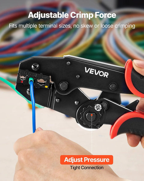 Heavy Duty Ratcheting Wire Crimper Pliers For 22 To 10 AWG Electrical Terminals with adjustable crimp force and pressure dial.