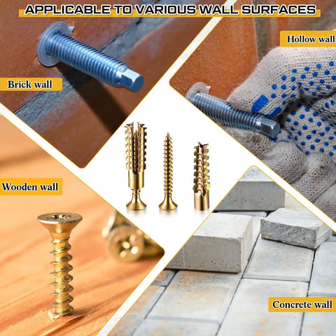 Heavy Duty Wall Anchors Kit With Screws, 200 Pack, 6 X 32 Mm, For Hinge Hole Repair In Concrete, Hollow, And Wood Walls, A Must Have For DIY Repairs And Quick Home Fixes showing anchors for brick, hollow, wood, and concrete walls