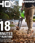 Man using green leaf blower on leaves outdoors, emphasizing 18 minutes runtime, part of 40V Cordless Lawn Mower Bundle with Blower and Trimmer.