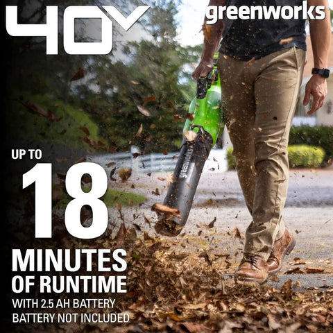Man using green leaf blower on leaves outdoors, emphasizing 18 minutes runtime, part of 40V Cordless Lawn Mower Bundle with Blower and Trimmer.