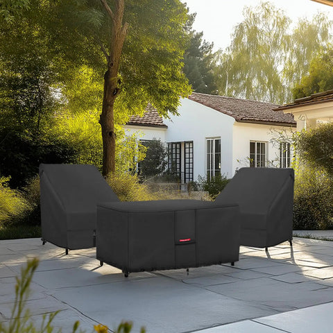 Waterproof 600D Rectangular Fire Pit Cover For 48 By 28 Inch Fire Tables set on patio, protecting outdoor furniture, black.