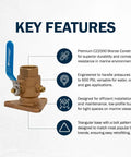 1 Inch Low Profile Bronze Ball Type Seacock With Full Flow 600 PSI Rating Durable C22000 Bronze Construction Easy Install High Corrosion Resistance For Boats And Yachts, shown with key features and triangular base.