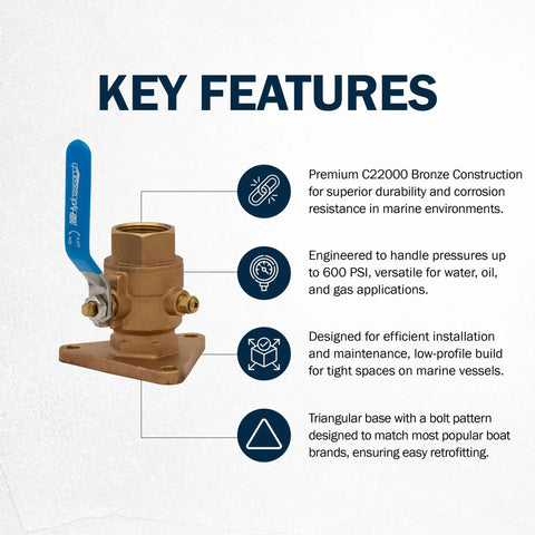 1 Inch Low Profile Bronze Ball Type Seacock With Full Flow 600 PSI Rating Durable C22000 Bronze Construction Easy Install High Corrosion Resistance For Boats And Yachts, shown with key features and triangular base.