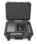 Open hard shell wireless microphone case with customizable foam insert, holding mic and receivers for Sennheiser Shure Audio Technica.
