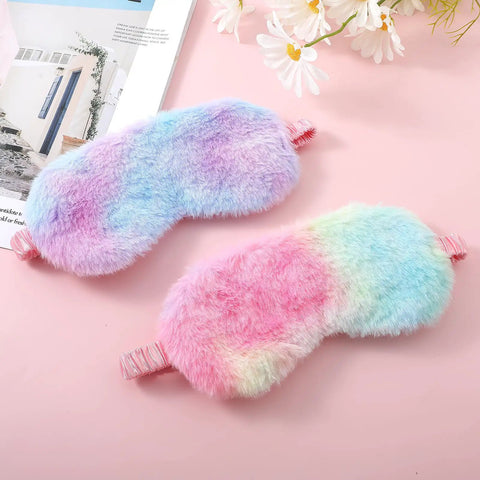 Two Pack Plush Sleep Eye Masks Set, Ultra Soft Faux Fur Blindfold For Travel And Power Naps, multicolor on pink background