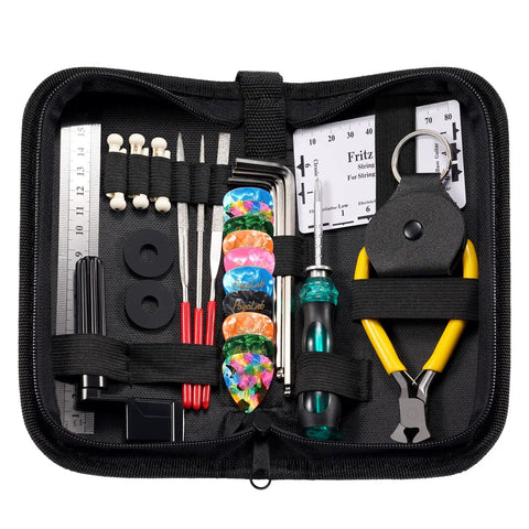 Open Guitar Tool Kit 31 Pieces For Pro Setup And Repair All In One Luthier Tools with organized tools in a carry case.
