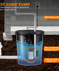 Cross-section of 3/4 HP Submersible Sump Pump 5500 GPH With Vertical Float Switch in basement setting