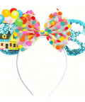 Blue Balloon Hut Sequin Ears Headband With Cloud Confetti Bow And Balloon House Charms Fun Plush Mouse Ear Accessory For Adults