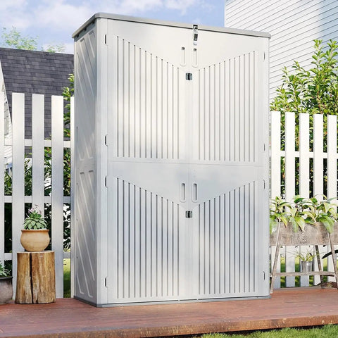 Outdoor Resin Storage Shed With Floor, 64 Cu Ft Vertical Storage Shed For Garage, Pool, Bike And Garden Gear, Waterproof Weatherproof Design, Four Door Access, Tough As Nails Backyard Storage Cabinet in a garden setting.