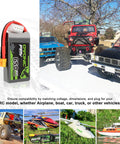 11.1V 650mAh 3S 80C LiPo Battery With XT30 Plug for RC cars, boats, trucks, helis. Images of RC vehicles in use.