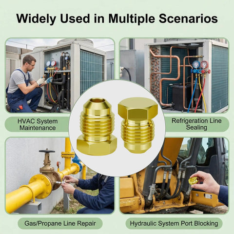 SAE 45 Degree Flare Plug Kit, 4 Pack, HVAC system maintenance and gas line repair applications with solid brass fittings.