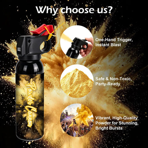 Close-up of Vibrant Yellow Smoke Bomb Powder Cannon for Gender Reveal Parties and Baby Showers with one-hand trigger.
