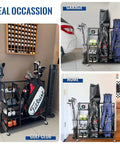 Garage Ready Golf Storage Organizer For Two Bags, Extra Large Stand in garage and home settings, with clubs and accessories.
