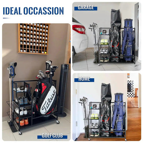 Garage Ready Golf Storage Organizer For Two Bags, Extra Large Stand in garage and home settings, with clubs and accessories.