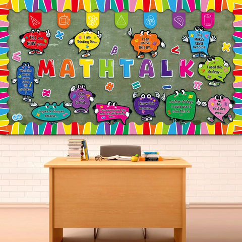Math Talk Bulletin Board Decor Set for Teachers and Classrooms, vibrant chalkboard display with math cutouts and borders.