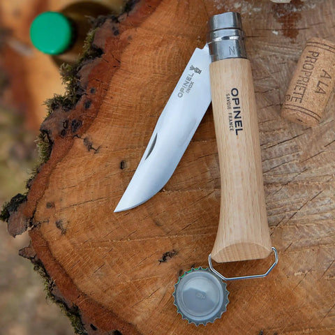 Killer Stainless Steel Folding Pocket Knife With Integrated Wine Corkscrew And Bottle Opener Solid Beechwood Handle on wood.