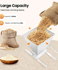 Manual Grain Mill with Adjustable Roller Gap for Wheat Berries, dual mode, grain pouring into heavy-duty carbon steel rollers.