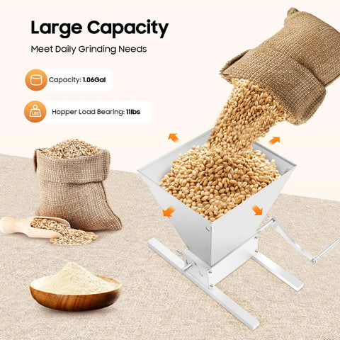 Manual Grain Mill with Adjustable Roller Gap for Wheat Berries, dual mode, grain pouring into heavy-duty carbon steel rollers.