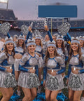 Cheerleaders wearing 73 Piece Silver Spirit Wear Kit For Girls With Bulk Pep Rally Essentials Including Cheer Pom Poms Bandana Headband