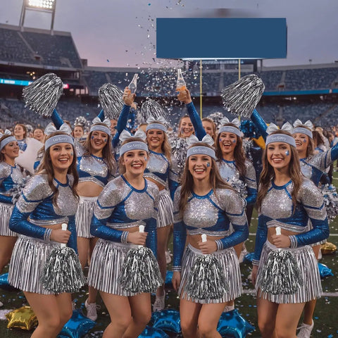 Cheerleaders wearing 73 Piece Silver Spirit Wear Kit For Girls With Bulk Pep Rally Essentials Including Cheer Pom Poms Bandana Headband