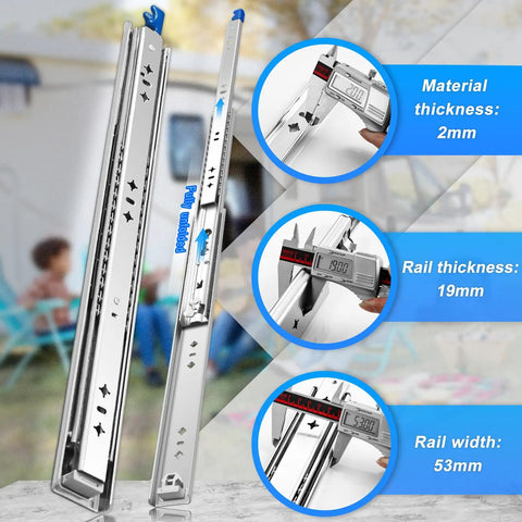 Heavy Duty Drawer Slides With Lock 250 LB Capacity Built Tough Full Extension Ball Bearing Rails Side Mount 22 Inch Fits 18 To 40 Inch Lengths For Cabinets RVs Trucks Vending Machines, 2mm steel