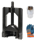 Front view of GEAROLL U-joint puller extractor tool in black cast iron with screw press, socket adapter and gloves