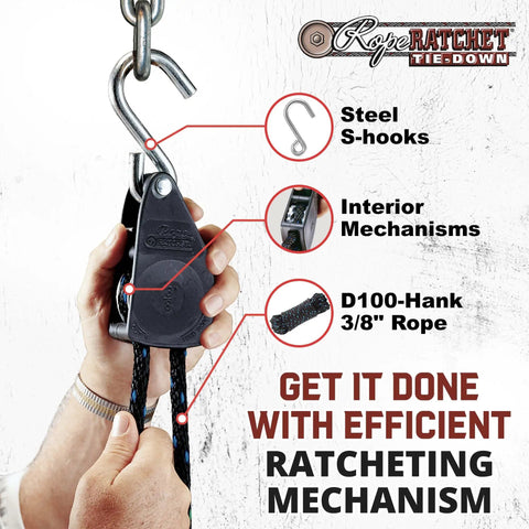Close-up of Three Eighth Inch Rope Tie Down Kit With 250 Lb Capacity Heavy Duty Block And Tackle Pulley System and its components.