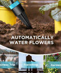 Automatic Drip Irrigation Kit With 10 Drip Emitters And 52 Foot Tubing for gardens, close-up of emitter in pot soil.