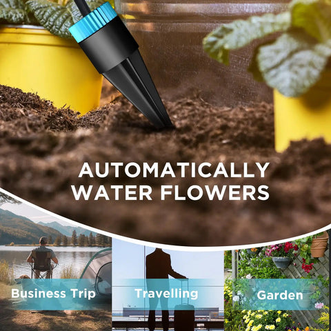 Automatic Drip Irrigation Kit With 10 Drip Emitters And 52 Foot Tubing for gardens, close-up of emitter in pot soil.