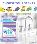 Sticks Drain Cleaner And Deodorizer Lavender Scent Enzyme Pipe Cleaners With 24 Count in packaging on kitchen sink background.