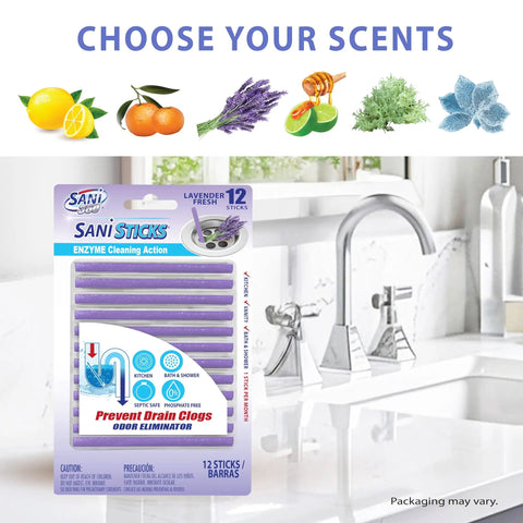 Sticks Drain Cleaner And Deodorizer Lavender Scent Enzyme Pipe Cleaners With 24 Count in packaging on kitchen sink background.