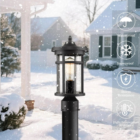 Outdoor Post Light For Garden And Pathway Vintage Exterior Pillar Lamp with warm glow in snow, weather resistant, black finish